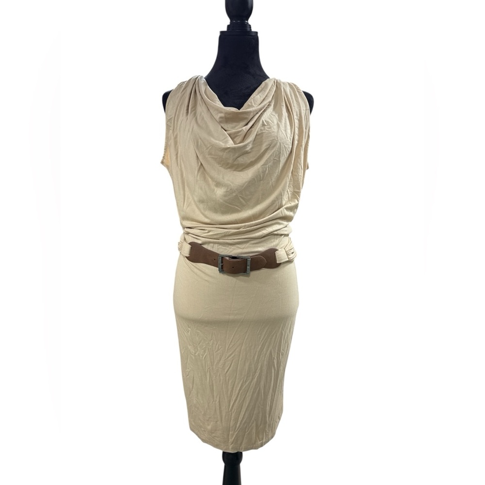 Boston Proper Draped Cowl Neck Ruched Sheath‎ Dress Belted Beige Size 2 Resort - Picture 2 of 11